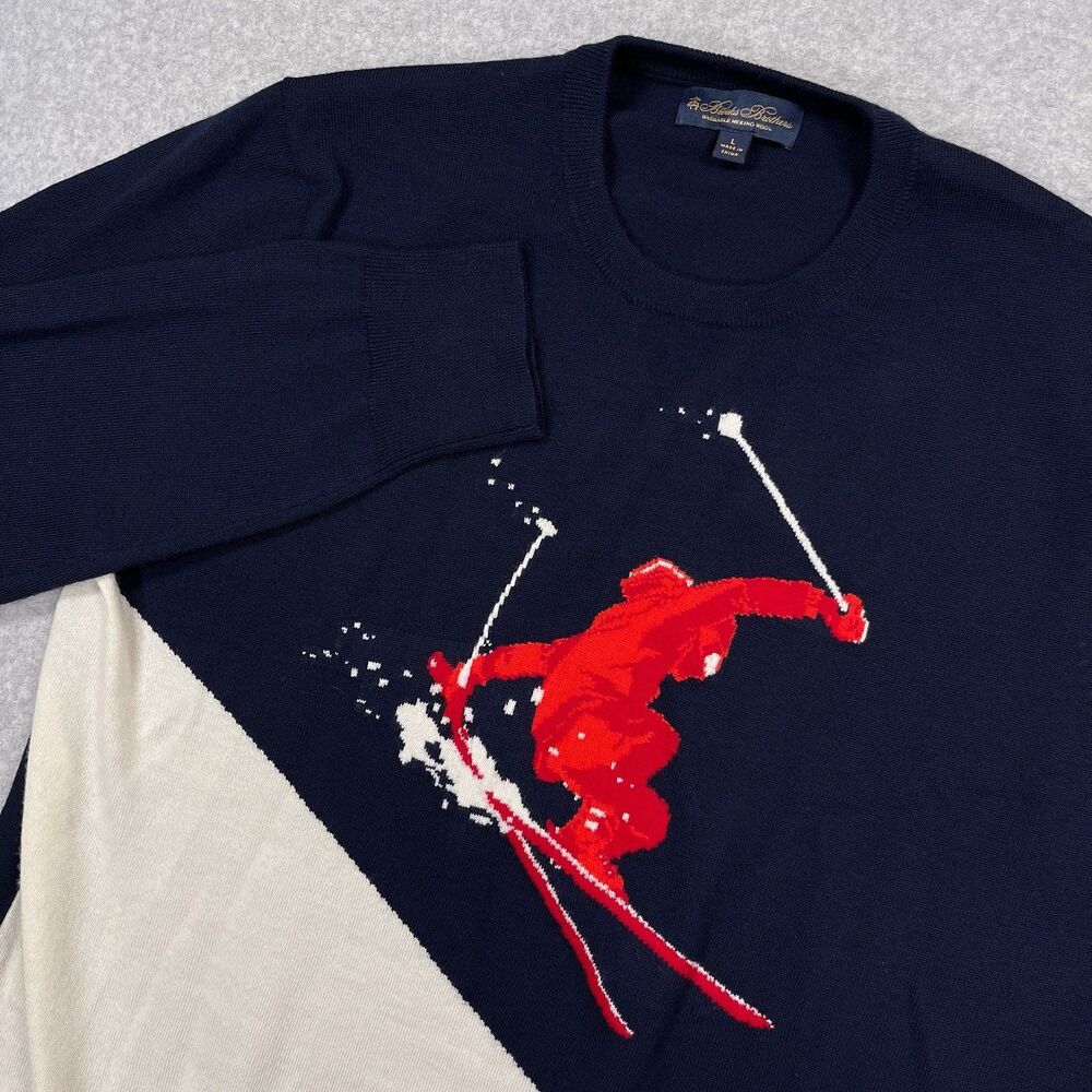 Brooks Brothers Sweater Mens Large Washable Merino Wool Crewneck Skier Ski Knit - Picture 1 of 11